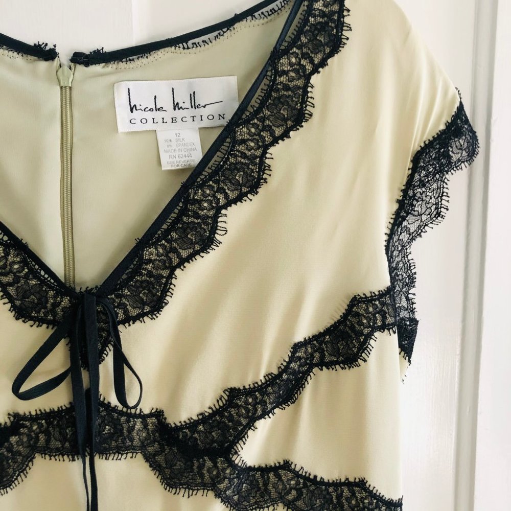 Y2K Nicole Miller Dress Creame with Black Lace Detail - Picture 3 of 13